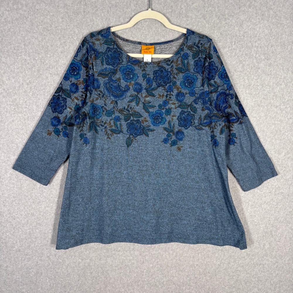 Ruby Rd Tunic Top Large Floral Roses Knit Stretch Flowy Artsy Cottage Farmhouse
